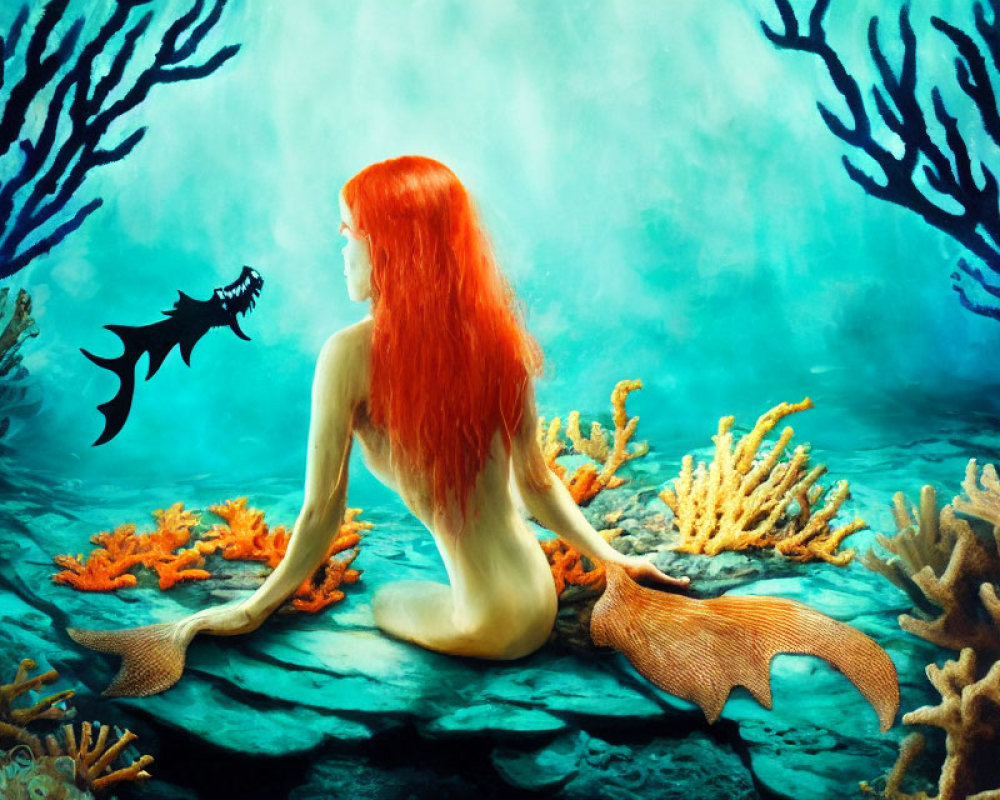 Red-Haired Mermaid Sitting on Underwater Rock with Coral and Fish