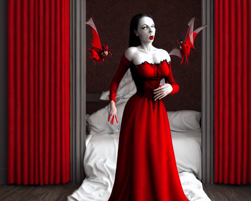 Woman in red dress with dragons in bedroom setting