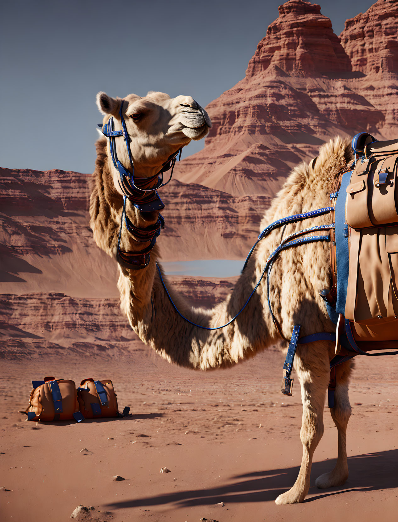 Camel with saddle in sandy desert with rocky formations and blue sky