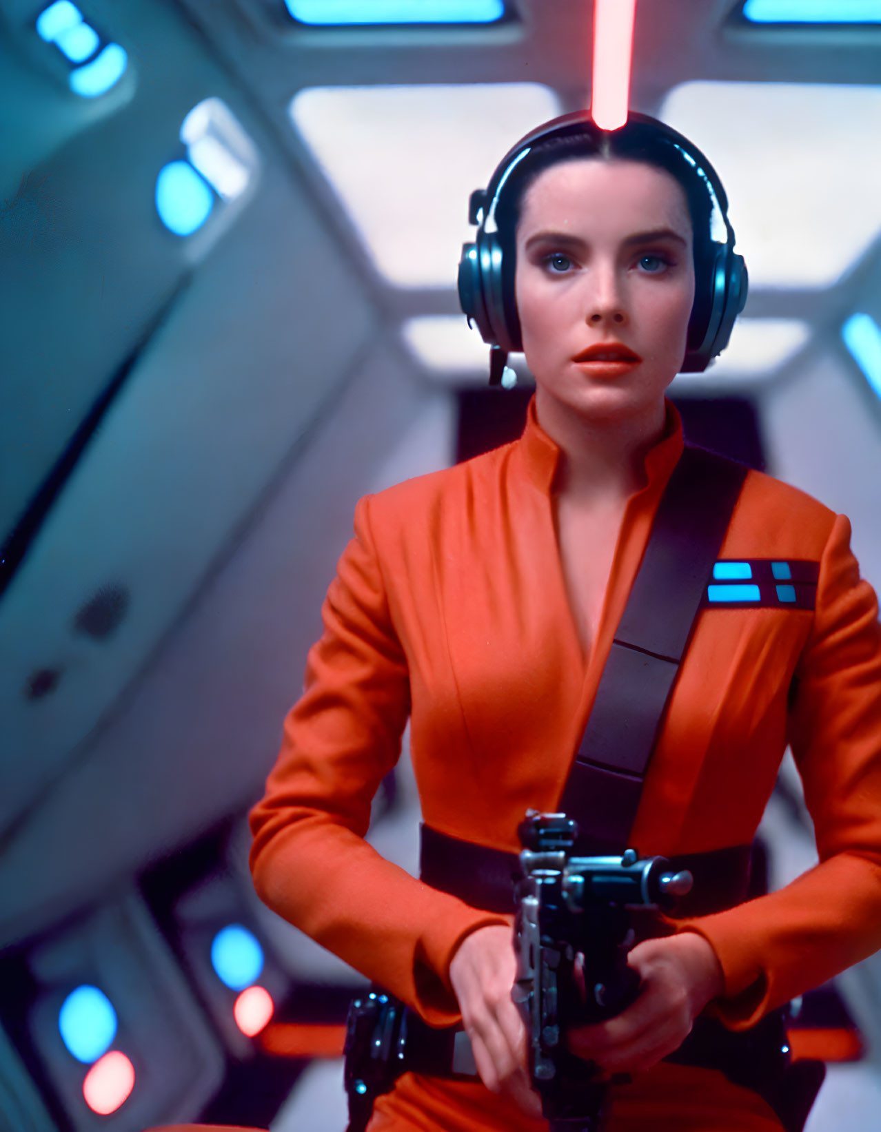 Woman in orange flight suit with blaster in futuristic spacecraft corridor