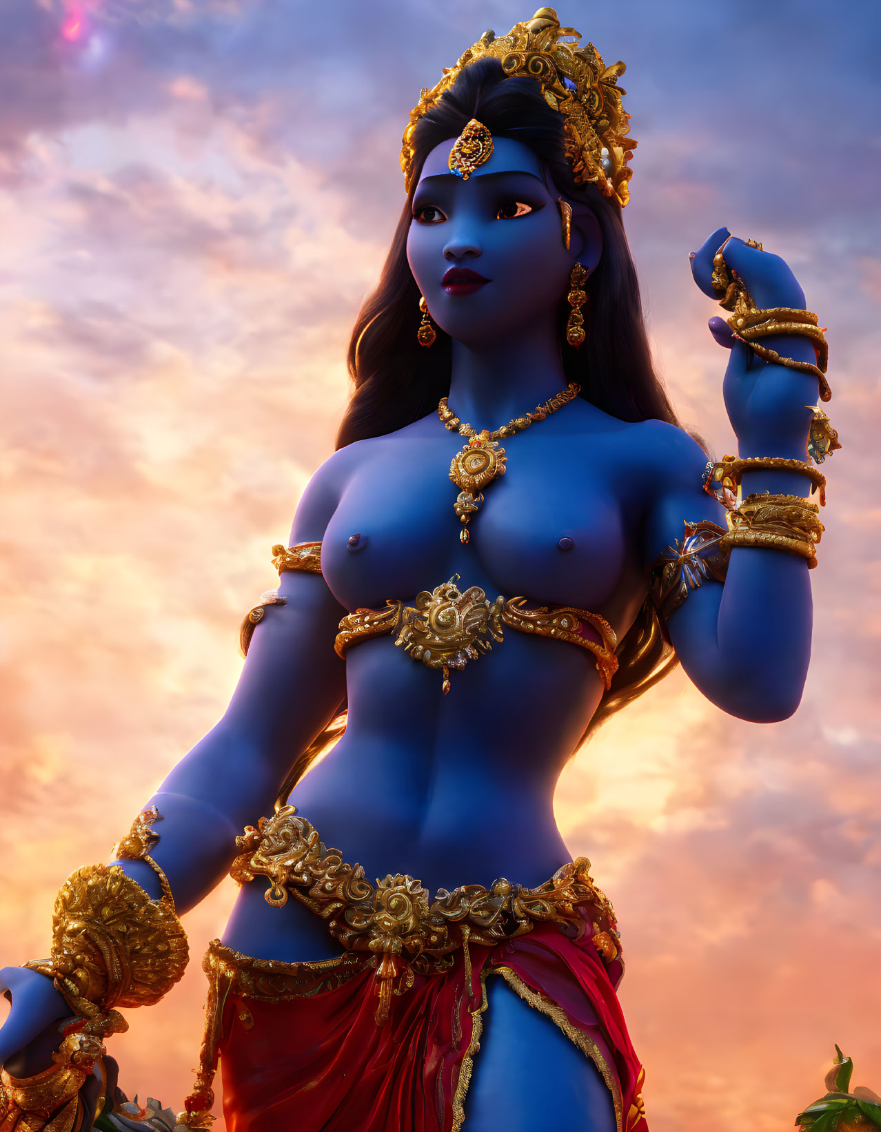 Blue-Skinned Woman with Four Arms in Golden Jewelry and Red Clothing at Sunset