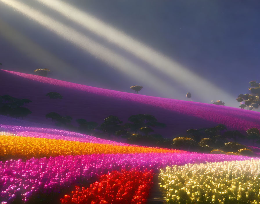 Colorful Flower Field at Dusk with Sunbeams and Trees