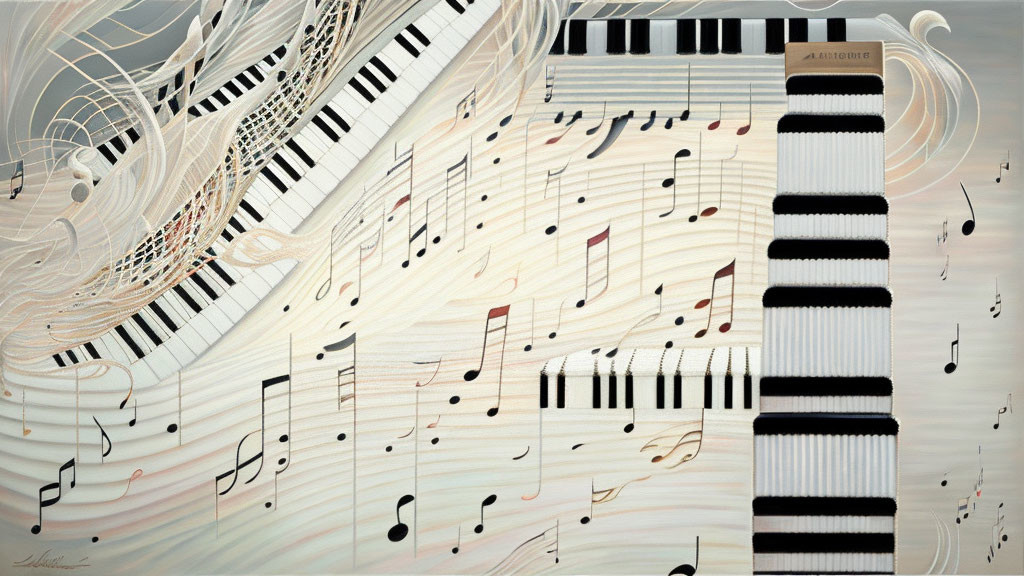 Abstract Painting of Piano Keyboard and Musical Notation Integration