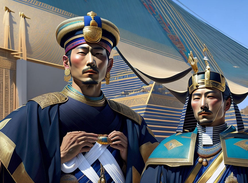 Ancient Egyptian nobility in traditional attire against architectural backdrop