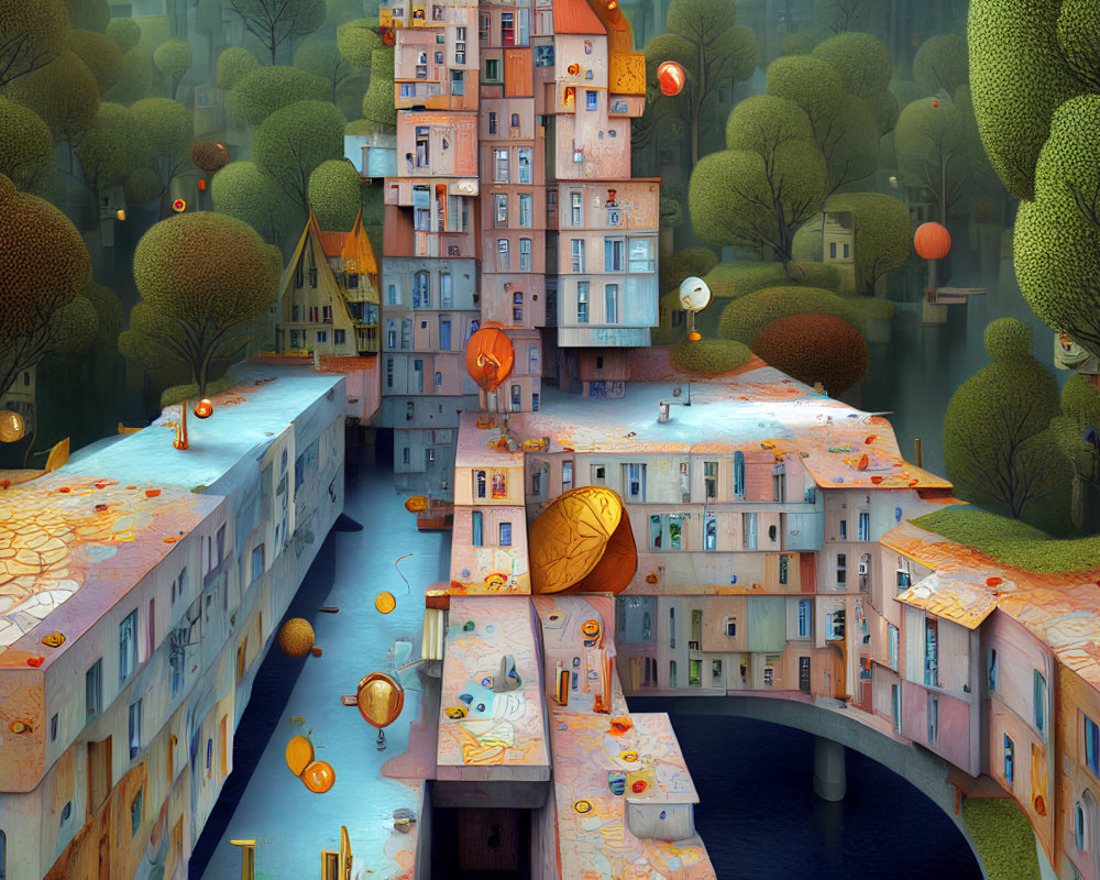 Intricate multi-story building in autumn landscape with floating orange orbs