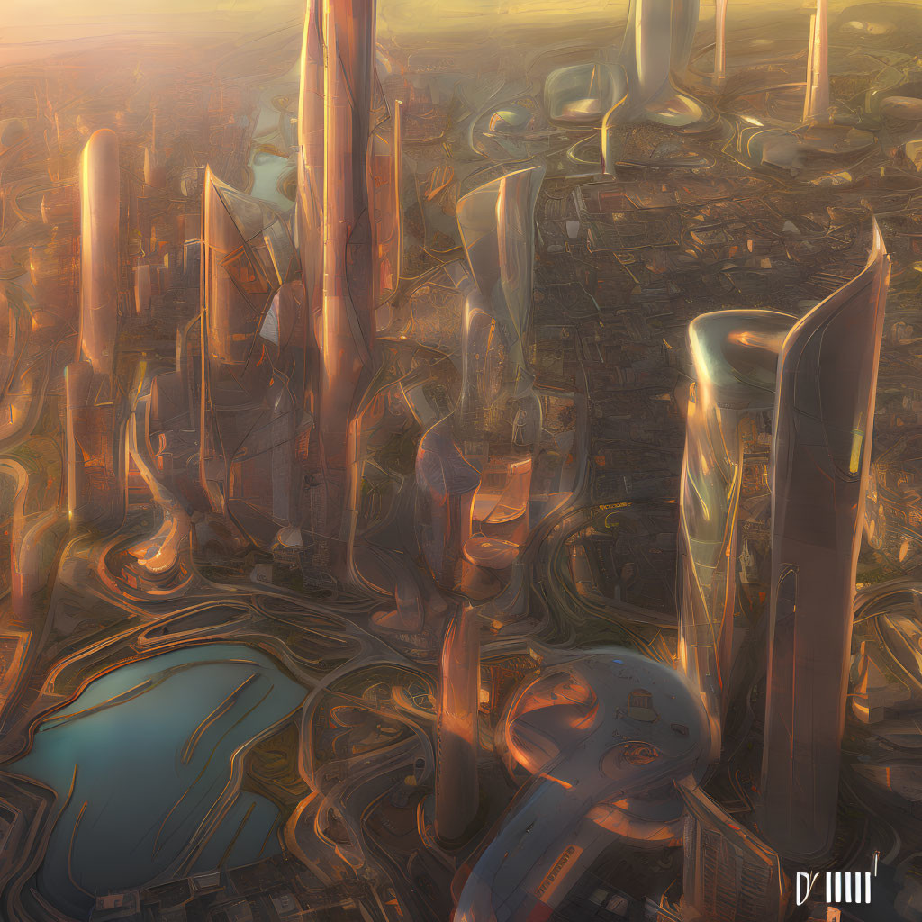 Futuristic cityscape with golden skyscrapers and intricate roads