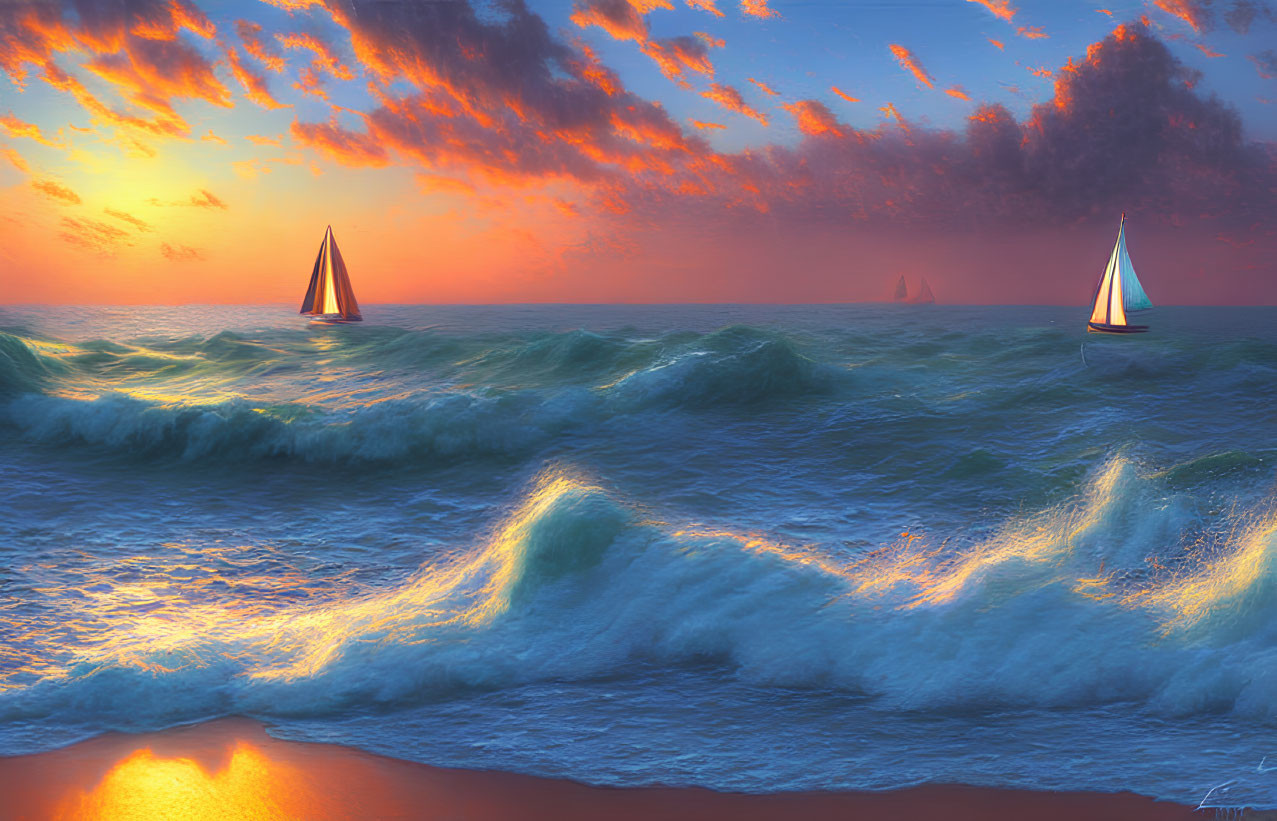 Vibrant sunset seascape with sailboats and choppy waves