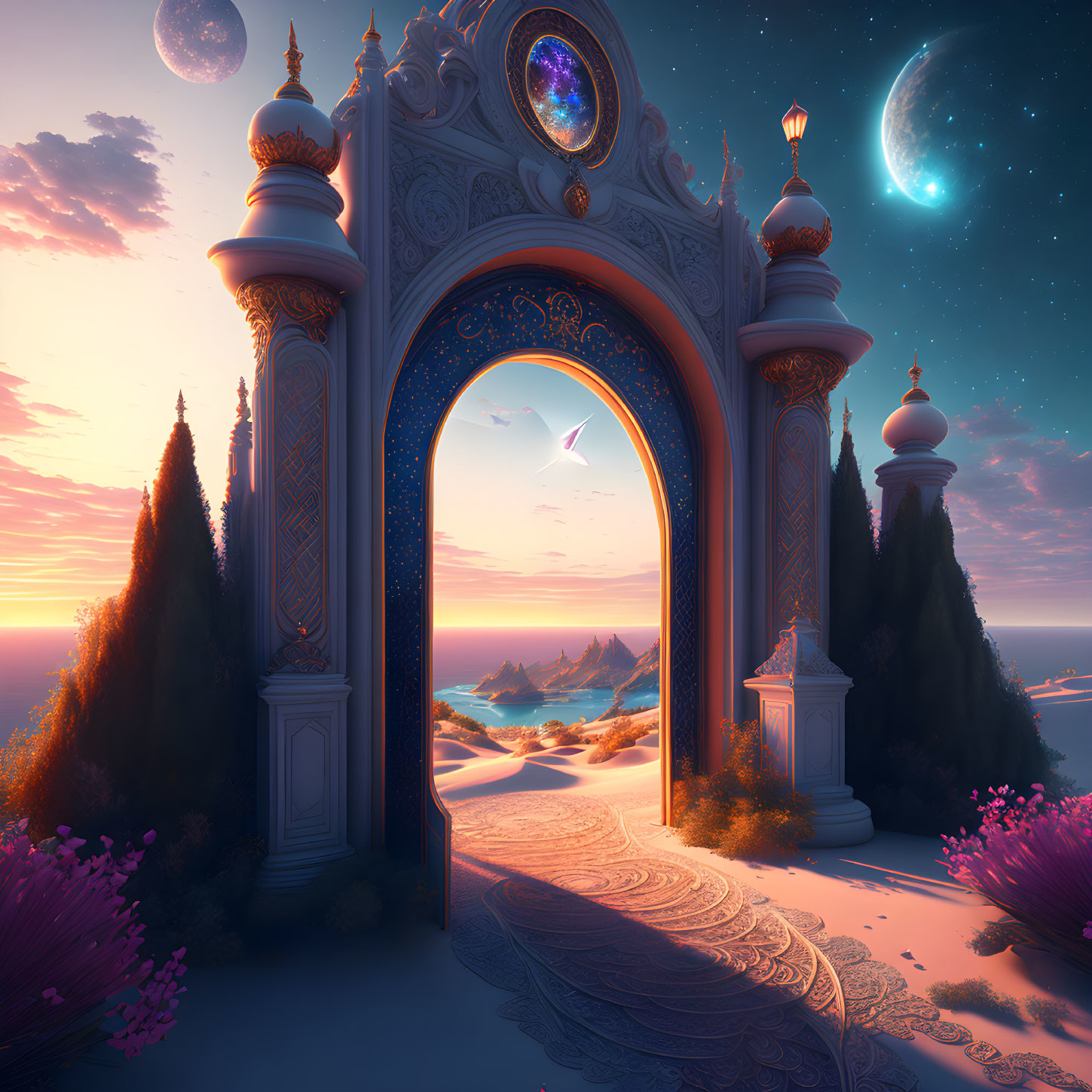 Fantasy coastal landscape with ornate archway at sunset