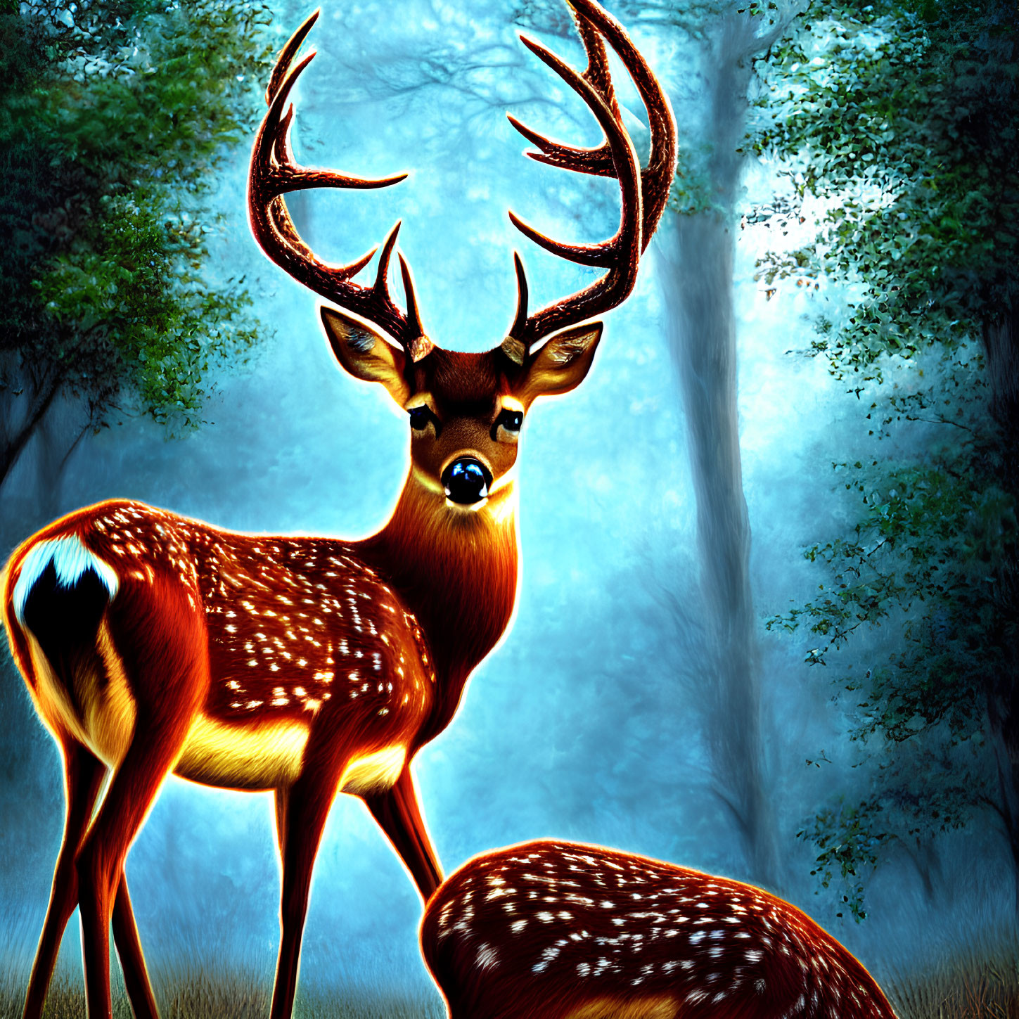 Majestic stag with large antlers in enchanted forest mist