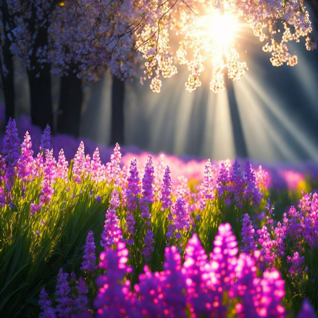 Blooming purple flowers under sunlit tree canopy