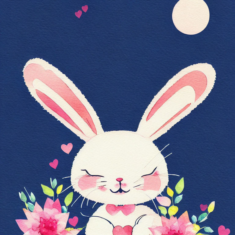 Cartoon rabbit holding heart surrounded by pink flowers on navy blue background