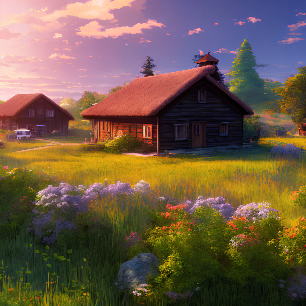 Traditional wooden cottage in rural scene with wildflowers at sunrise or sunset