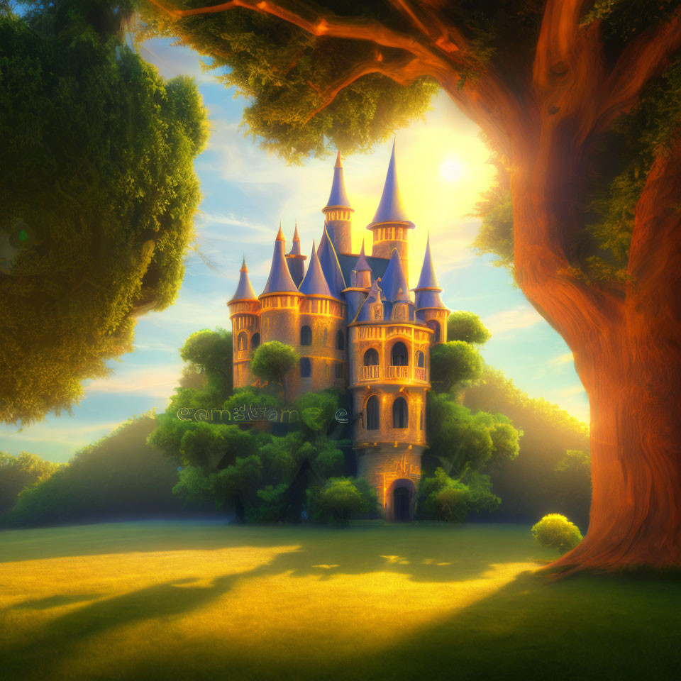 Majestic castle with spires in lush landscape under golden sunlight