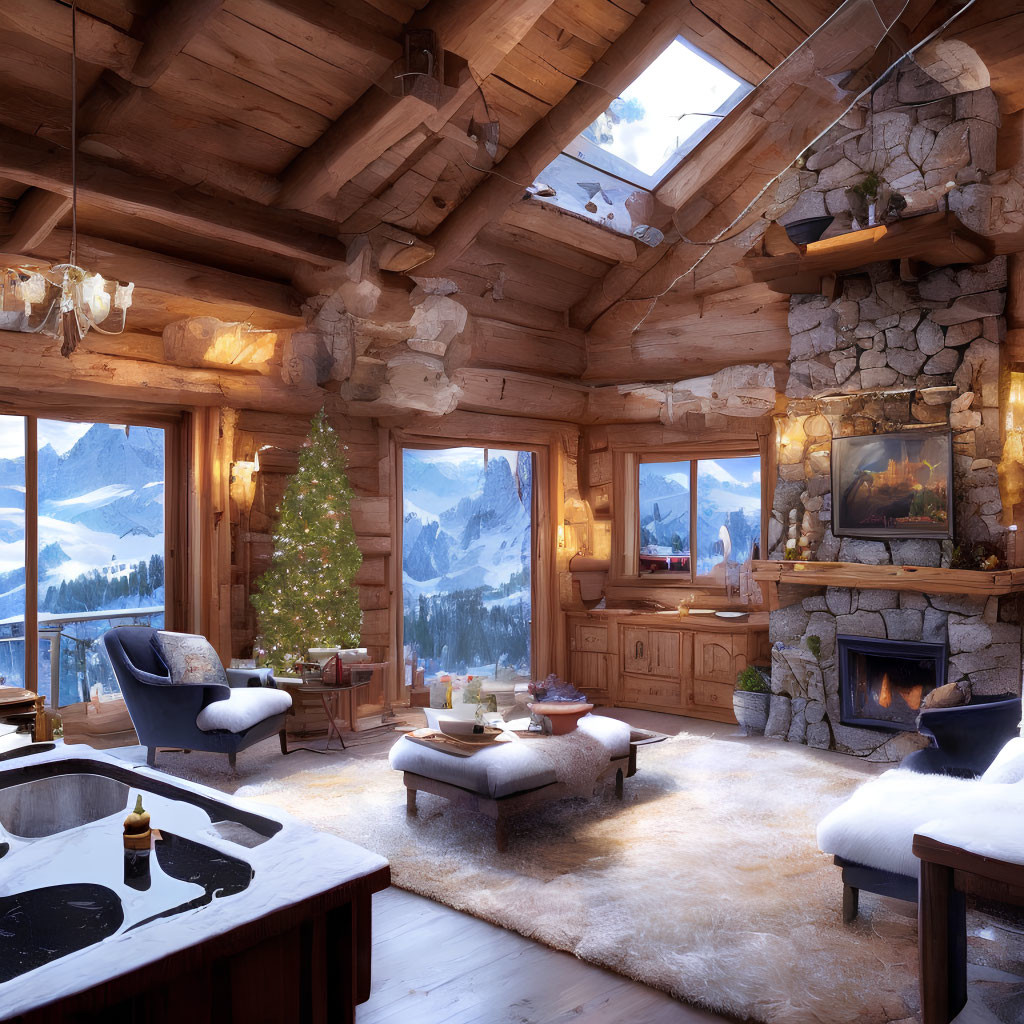 Rustic mountain cabin interior with fireplace, Christmas tree, and snowy landscape view.