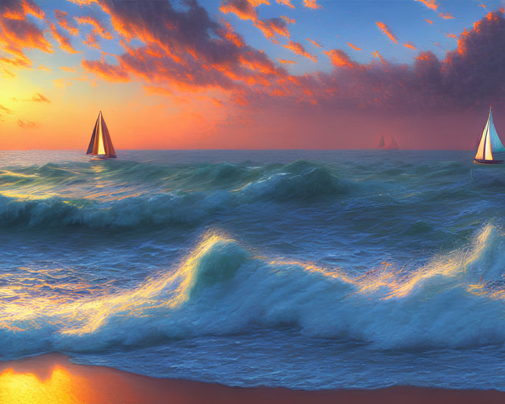 Vibrant sunset seascape with sailboats and choppy waves