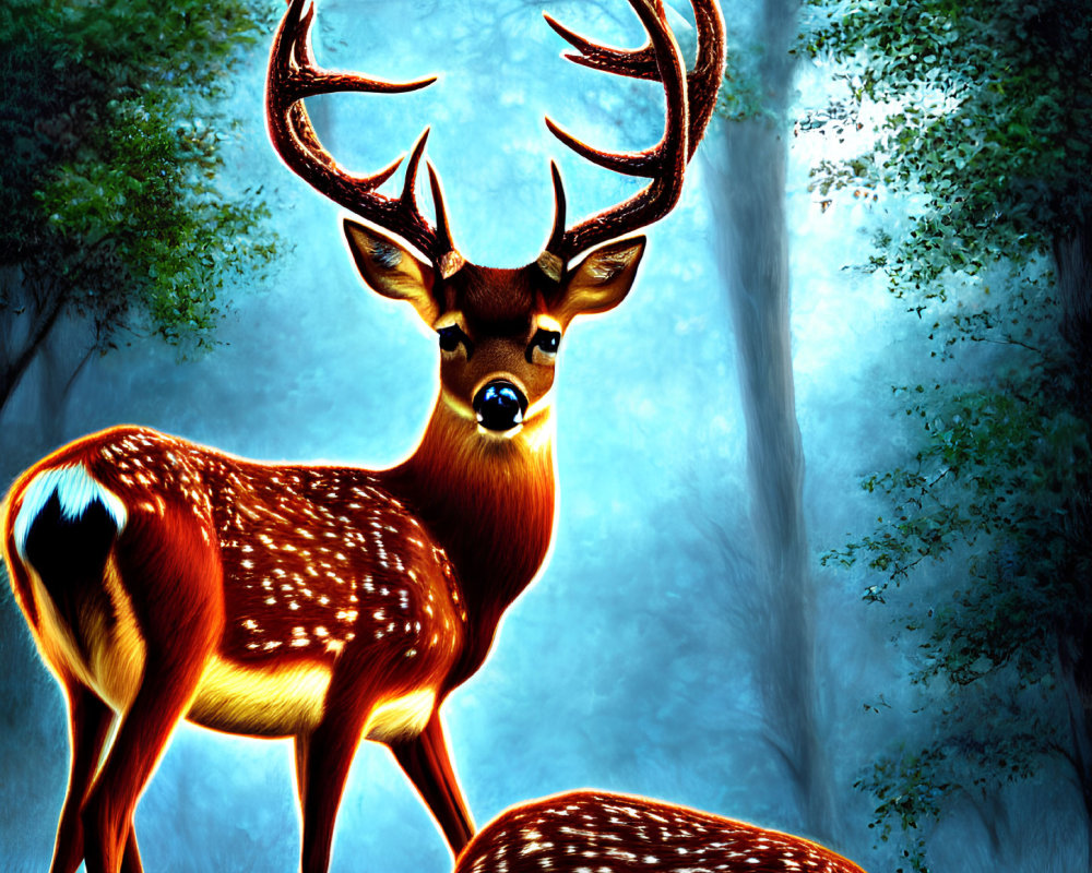 Majestic stag with large antlers in enchanted forest mist