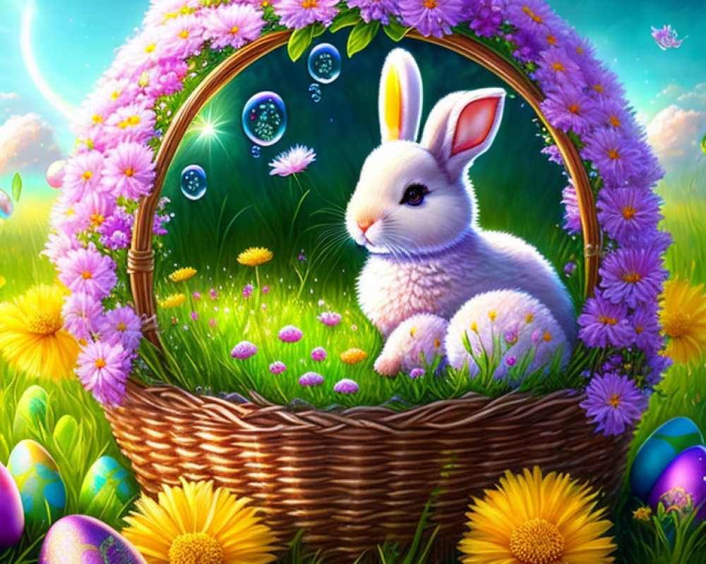 Colorful digital artwork: White rabbit in flowered wicker basket in meadow