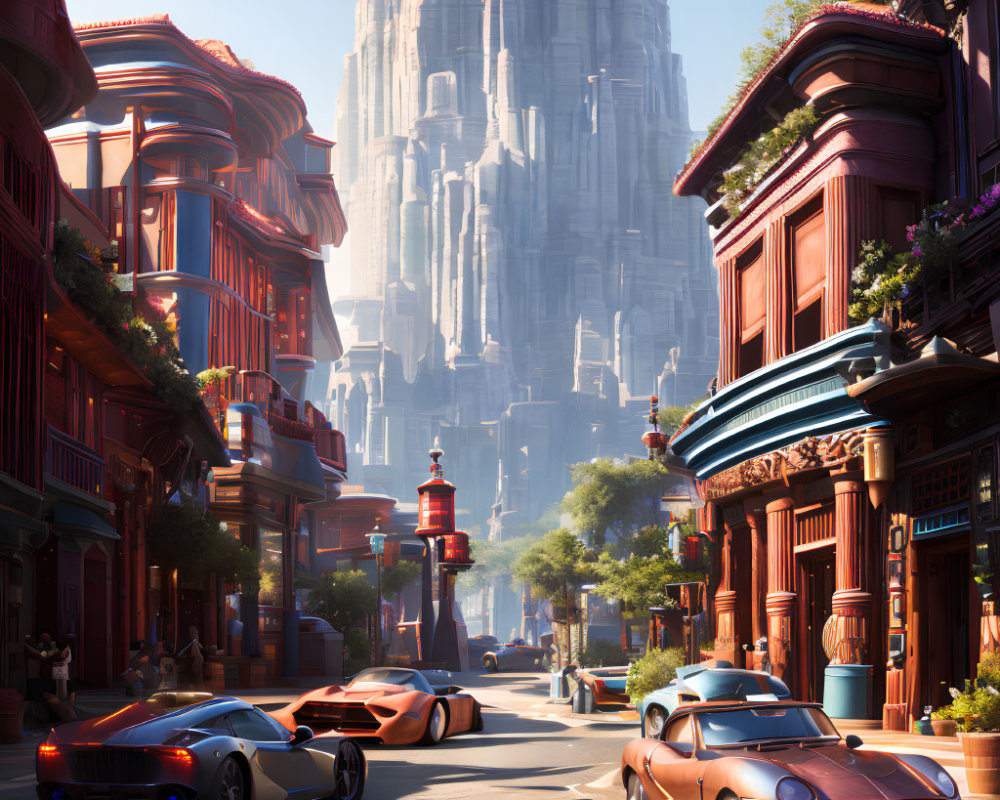 Futuristic city street with sleek cars, tall buildings, and mountain backdrop