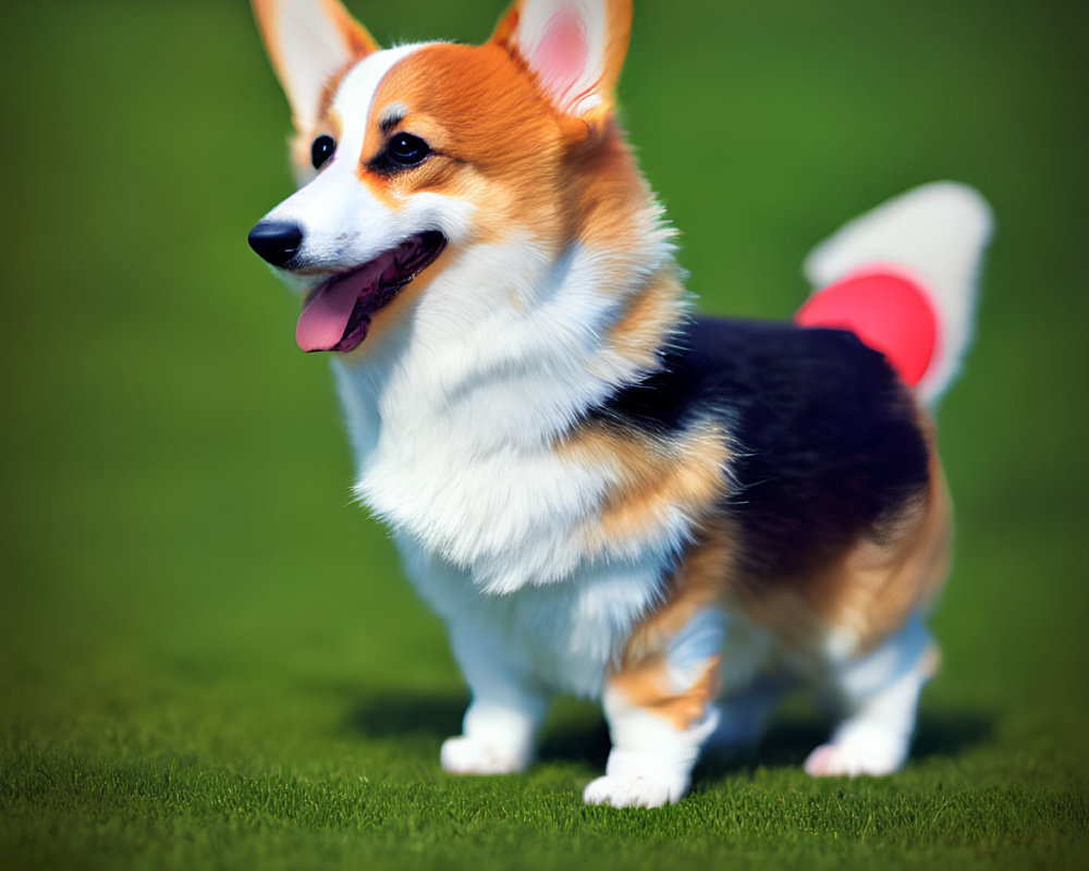 Fluffy Pembroke Welsh Corgi with white, brown, and black coat on grass