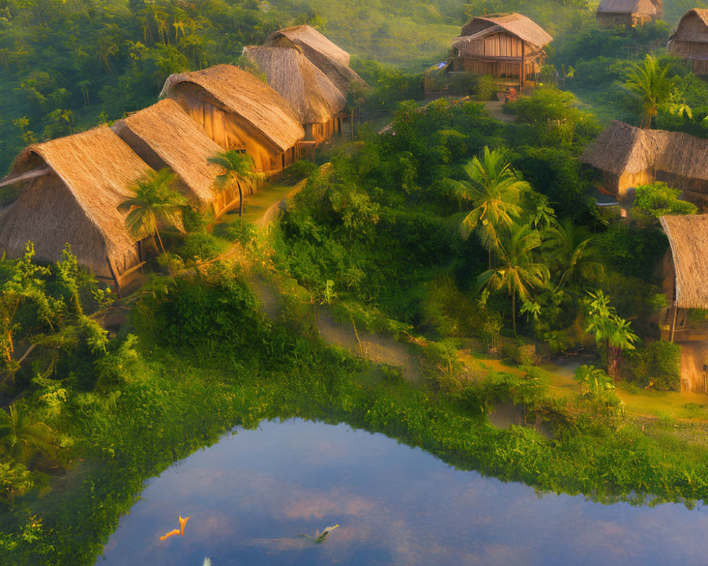 Tranquil Thatched-Roof Huts Amidst Lush Greenery by Serene Pond