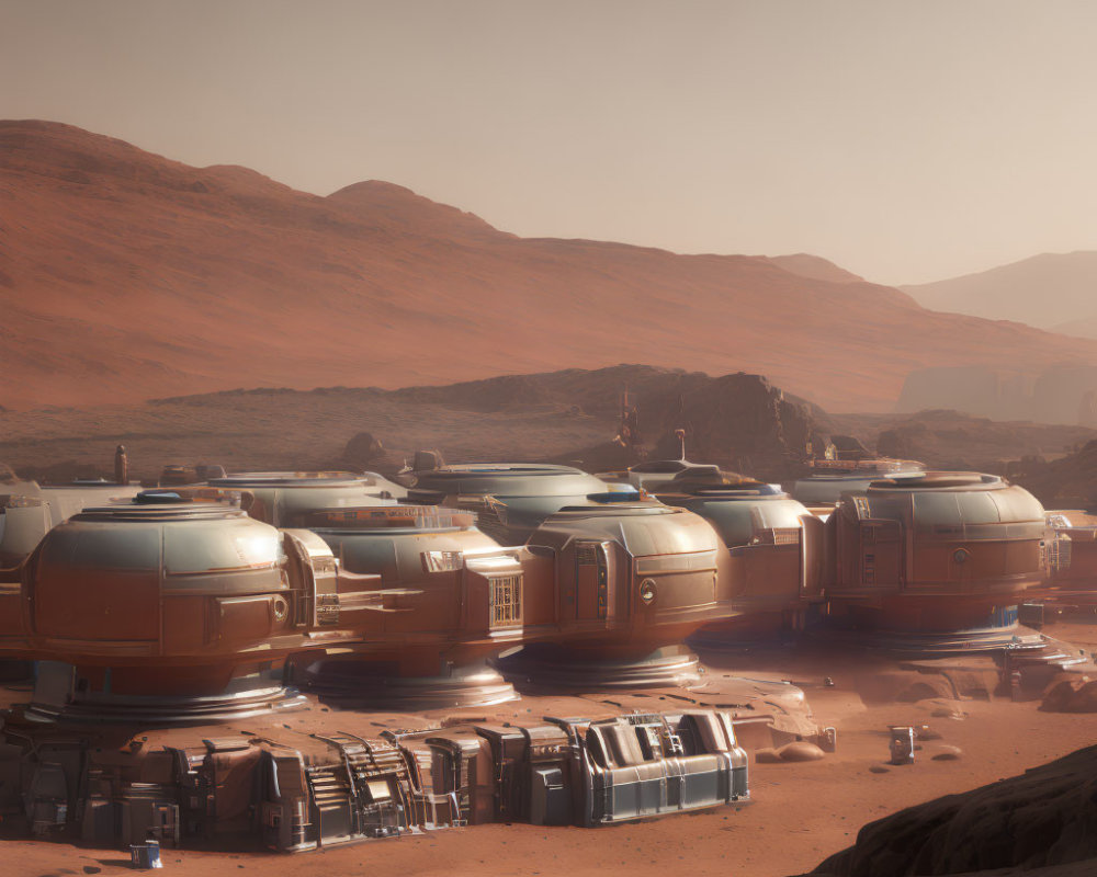 Dome-like habitats in Martian colony on red terrain