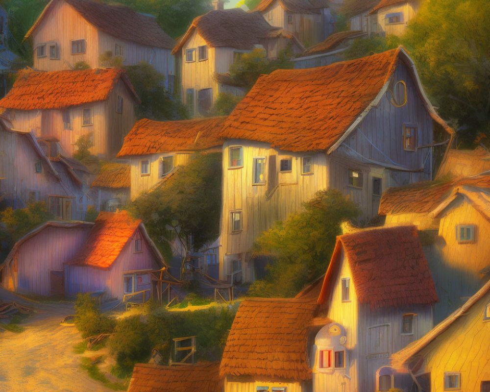 Rustic village with terracotta roofs at sunrise or sunset