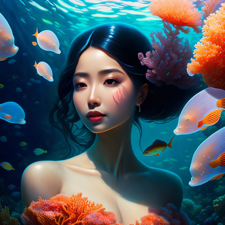 Woman underwater surrounded by vibrant coral and fish