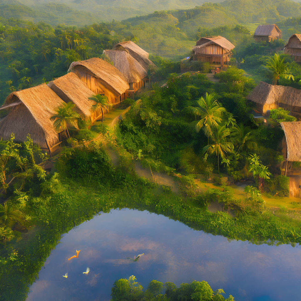 Tranquil Thatched-Roof Huts Amidst Lush Greenery by Serene Pond