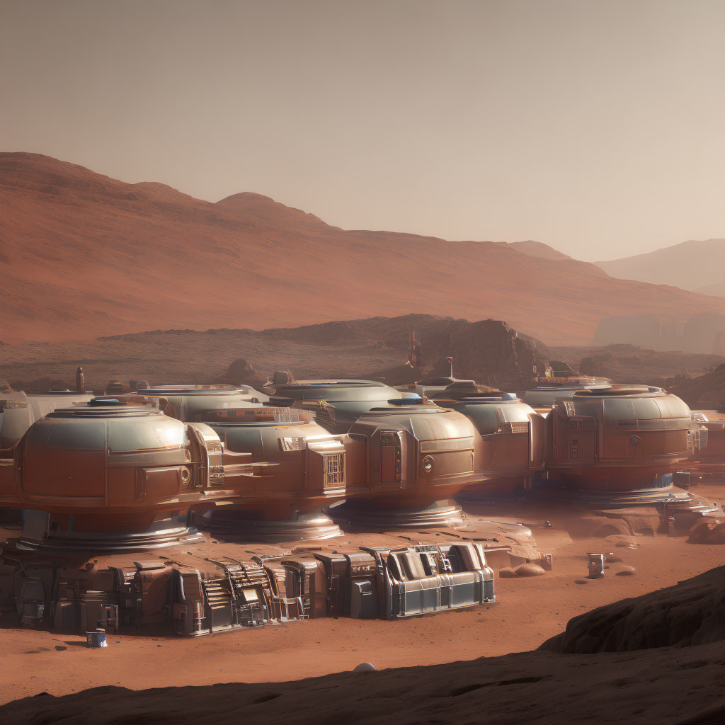 Dome-like habitats in Martian colony on red terrain