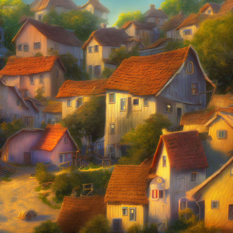 Rustic village with terracotta roofs at sunrise or sunset