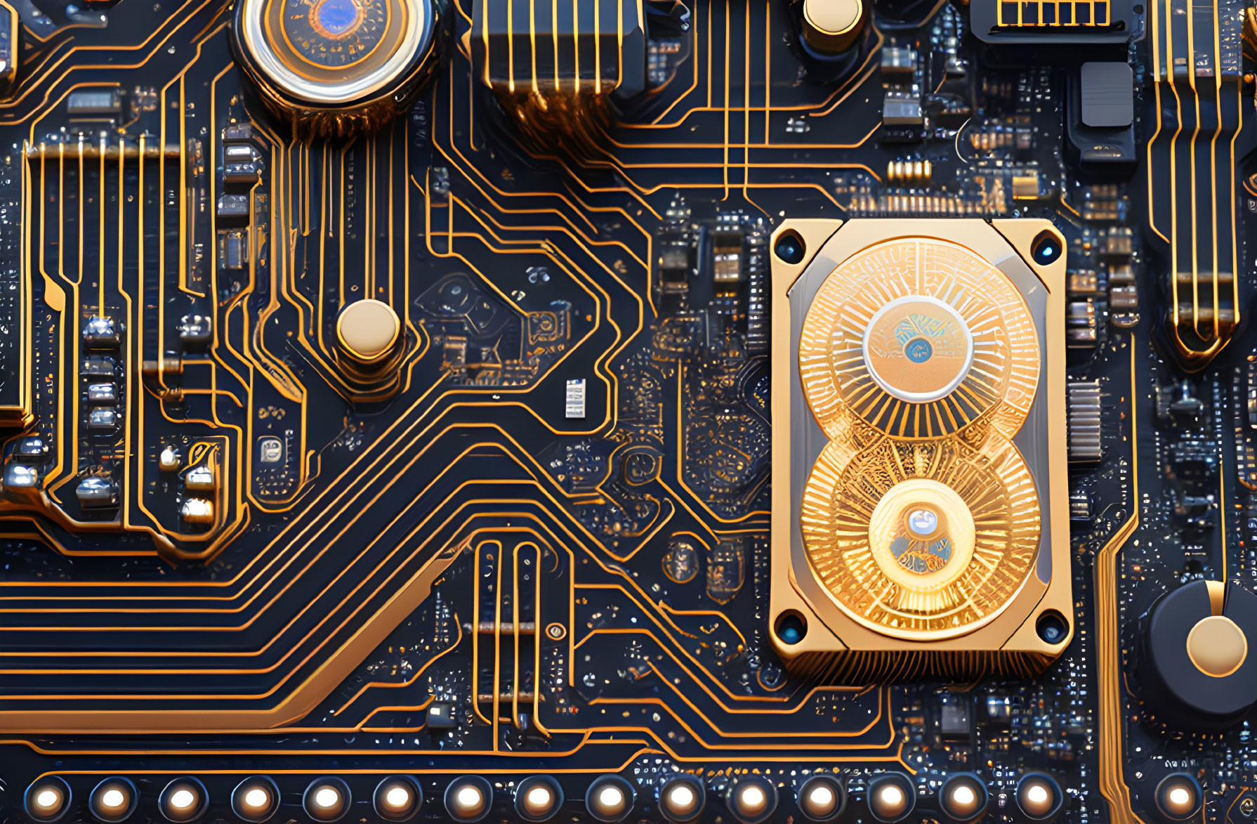 Detailed Close-Up of Gold and Copper Computer Motherboard Components