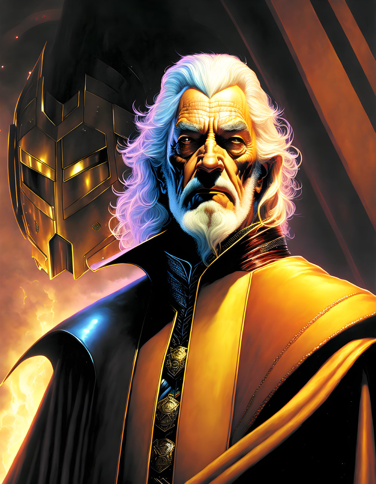 Elder man with white hair and sci-fi helmet in illustrated portrait