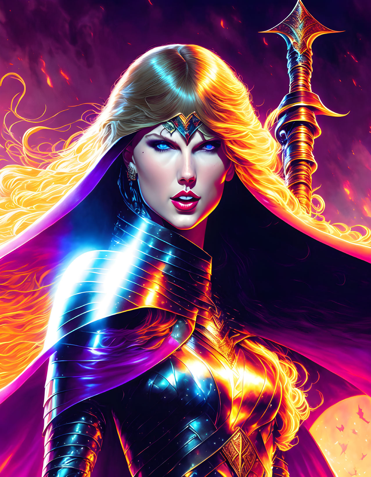 Golden-haired warrior woman in reflective armor with spear against fiery cosmic backdrop