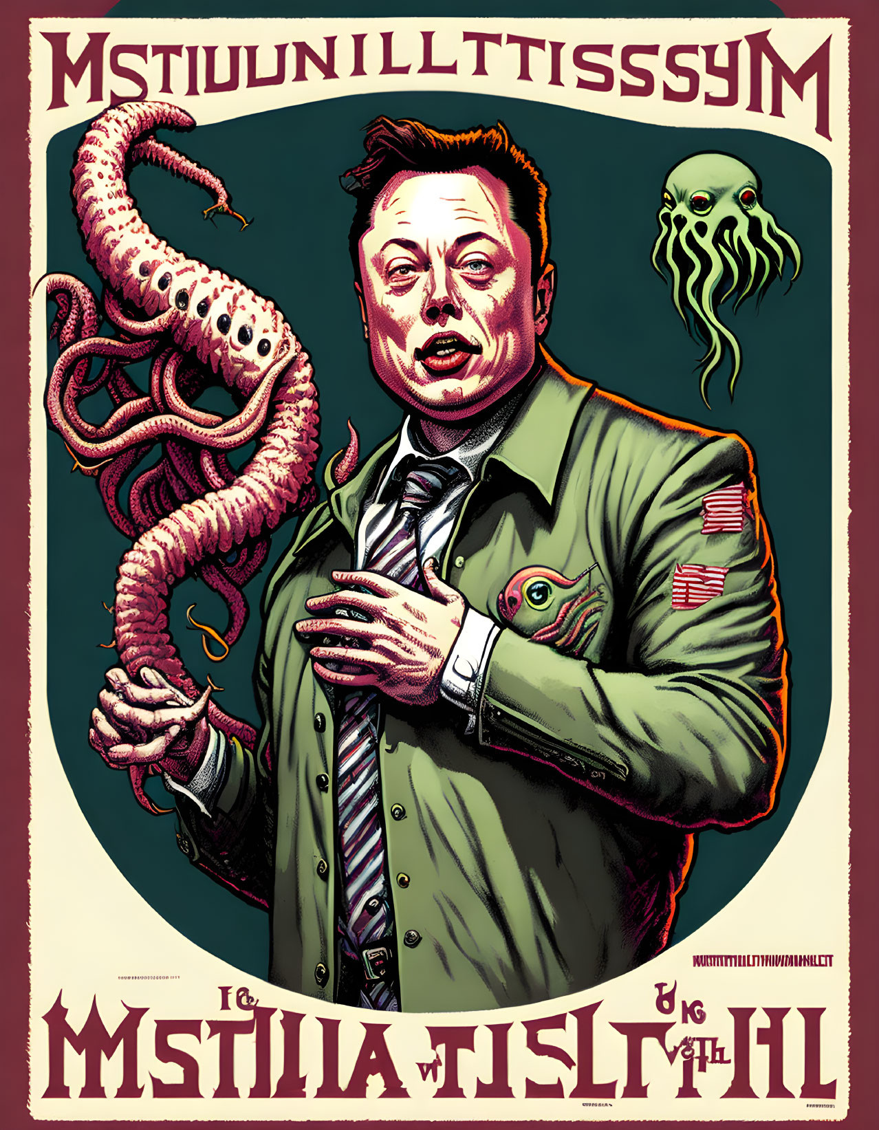 Man in Green Uniform Surrounded by Sea Creatures in Lovecraftian Illustration