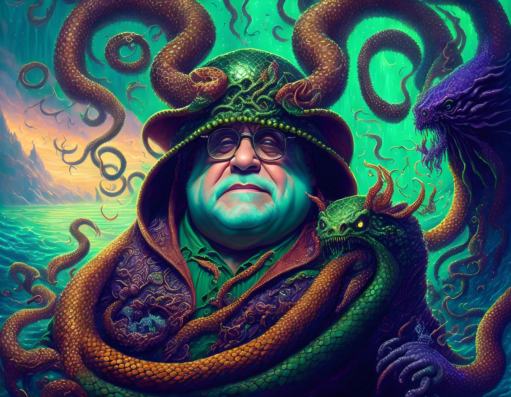 Smiling man with tentacle hat among marine creatures in vivid seascape