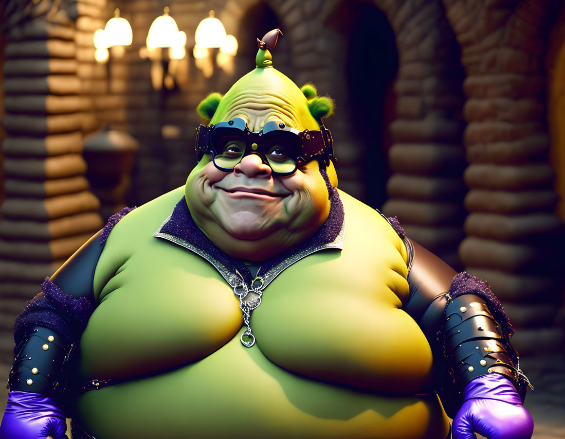 Plump green ogre with layered vest and jewelry in front of brick archway