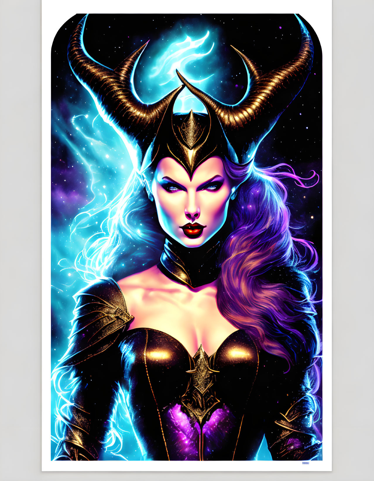 Mystical woman in horned headpiece and cosmic armor illustration