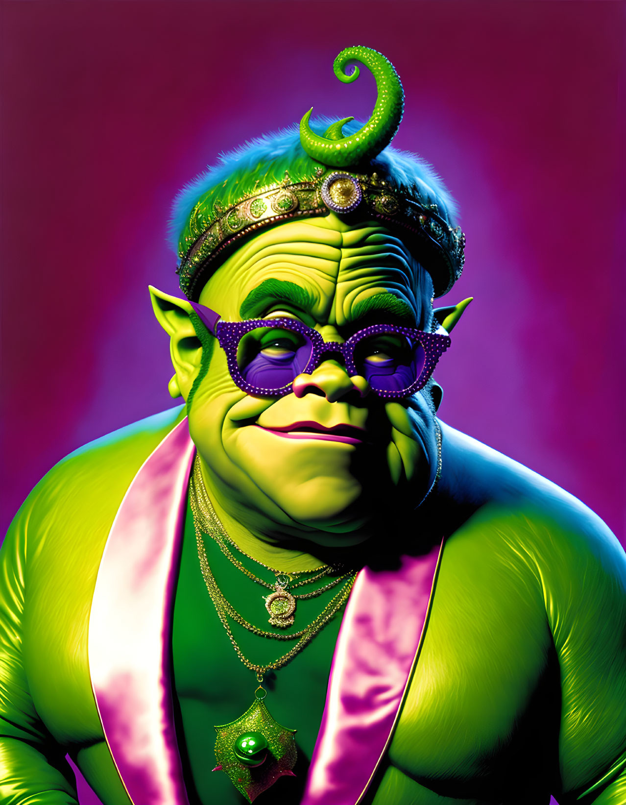 Colorful Caricature of Green-Skinned Character with Purple Glasses