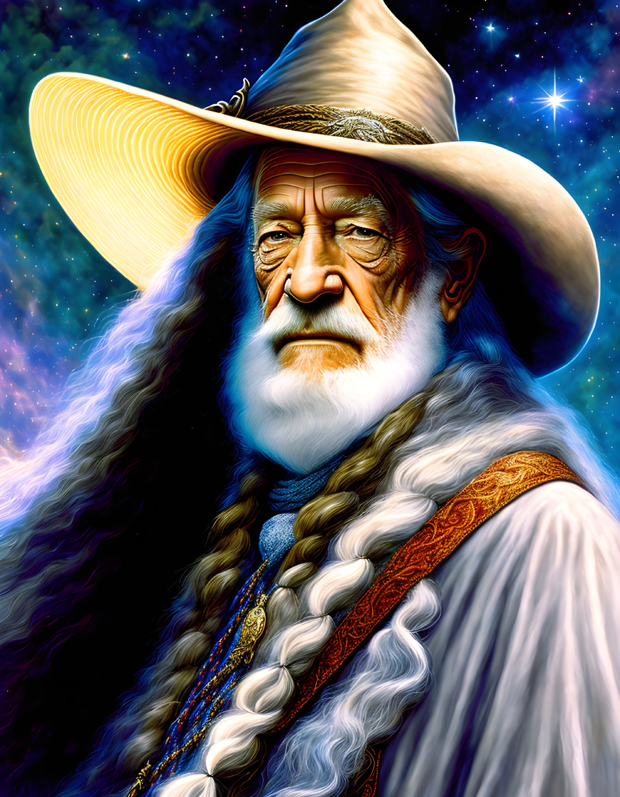 Elderly wizard with wide-brimmed hat and starry background