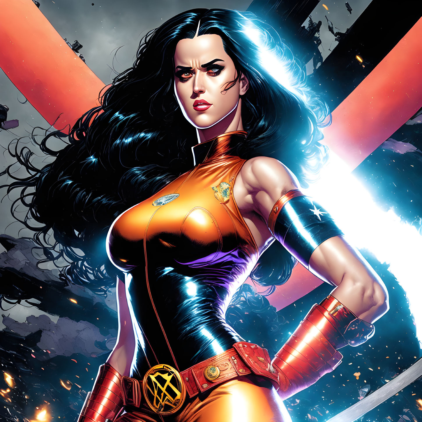 Confident Female Superhero in Red and Gold Costume with Silver Bracelets