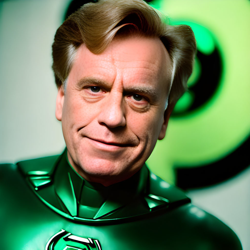 Styled Hair Man in Green Superhero Costume on Green & Black Background