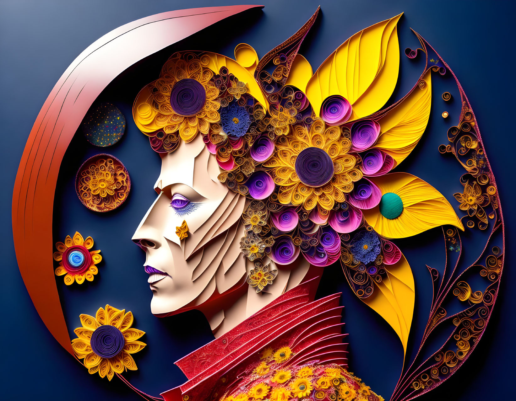 Vibrant digital art: stylized female face with floral headdress on blue backdrop.