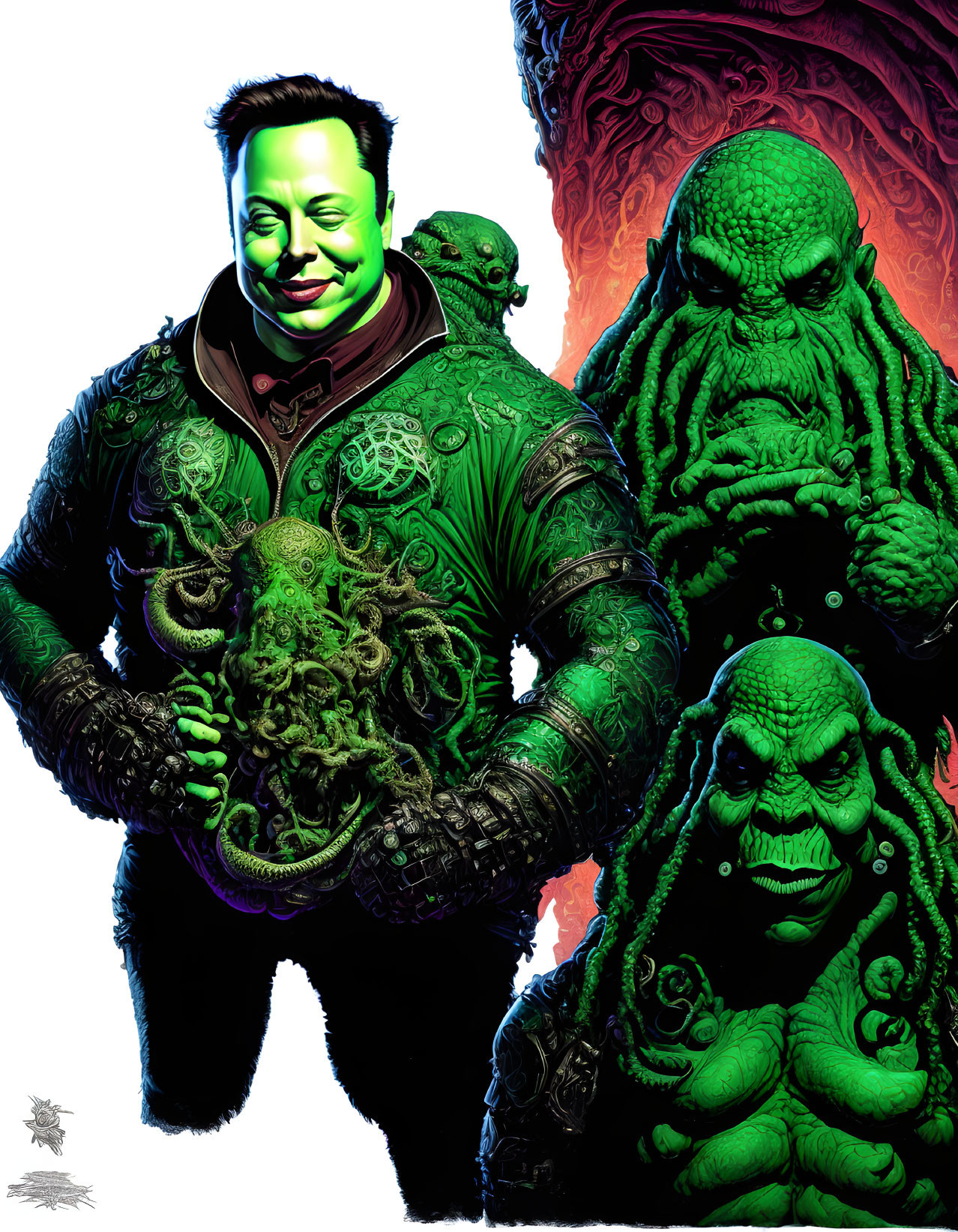 Stylized illustration: Three green, tentacled figures reminiscent of Cthulhu mythos