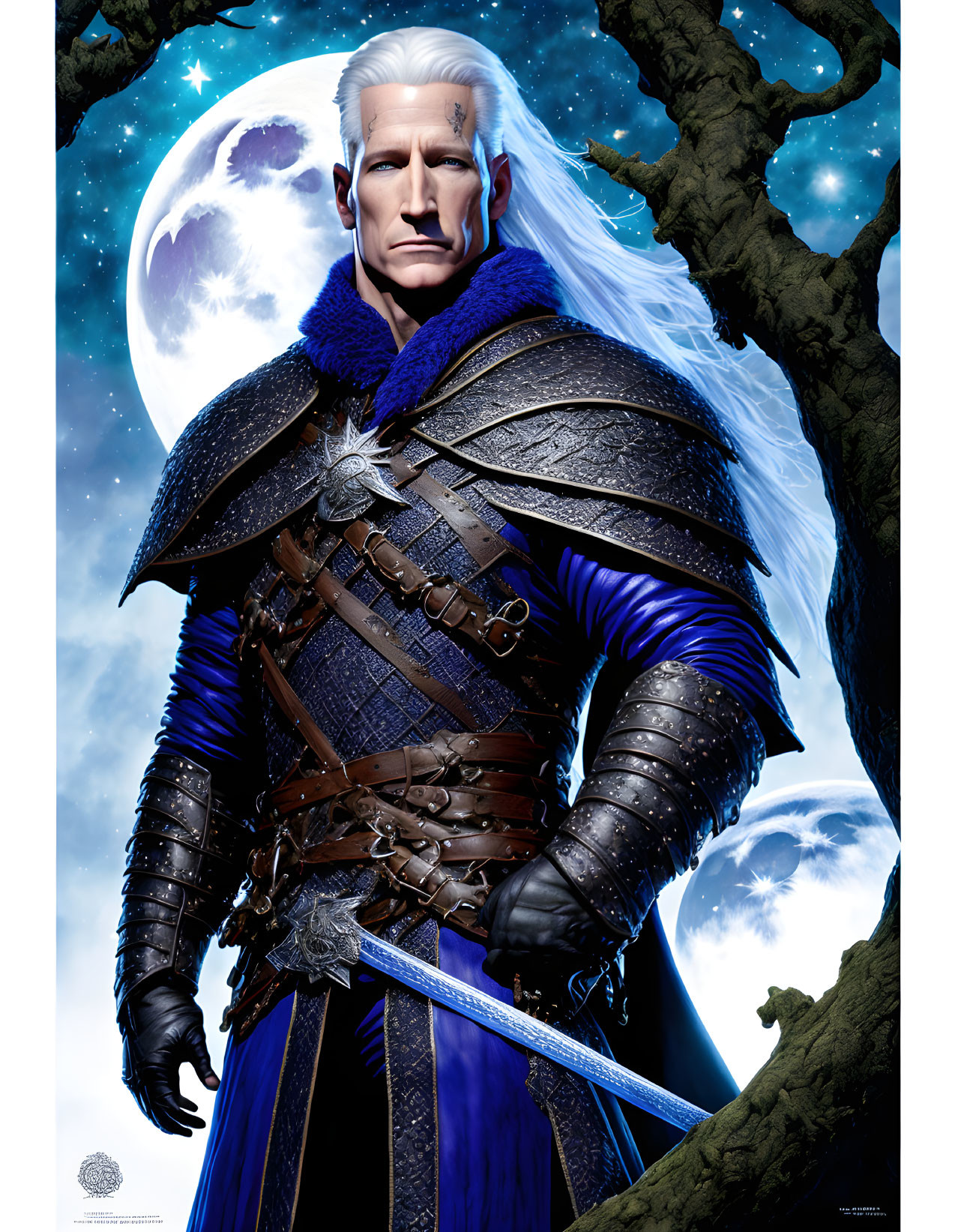 Armored warrior with white hair and sword under moonlit sky