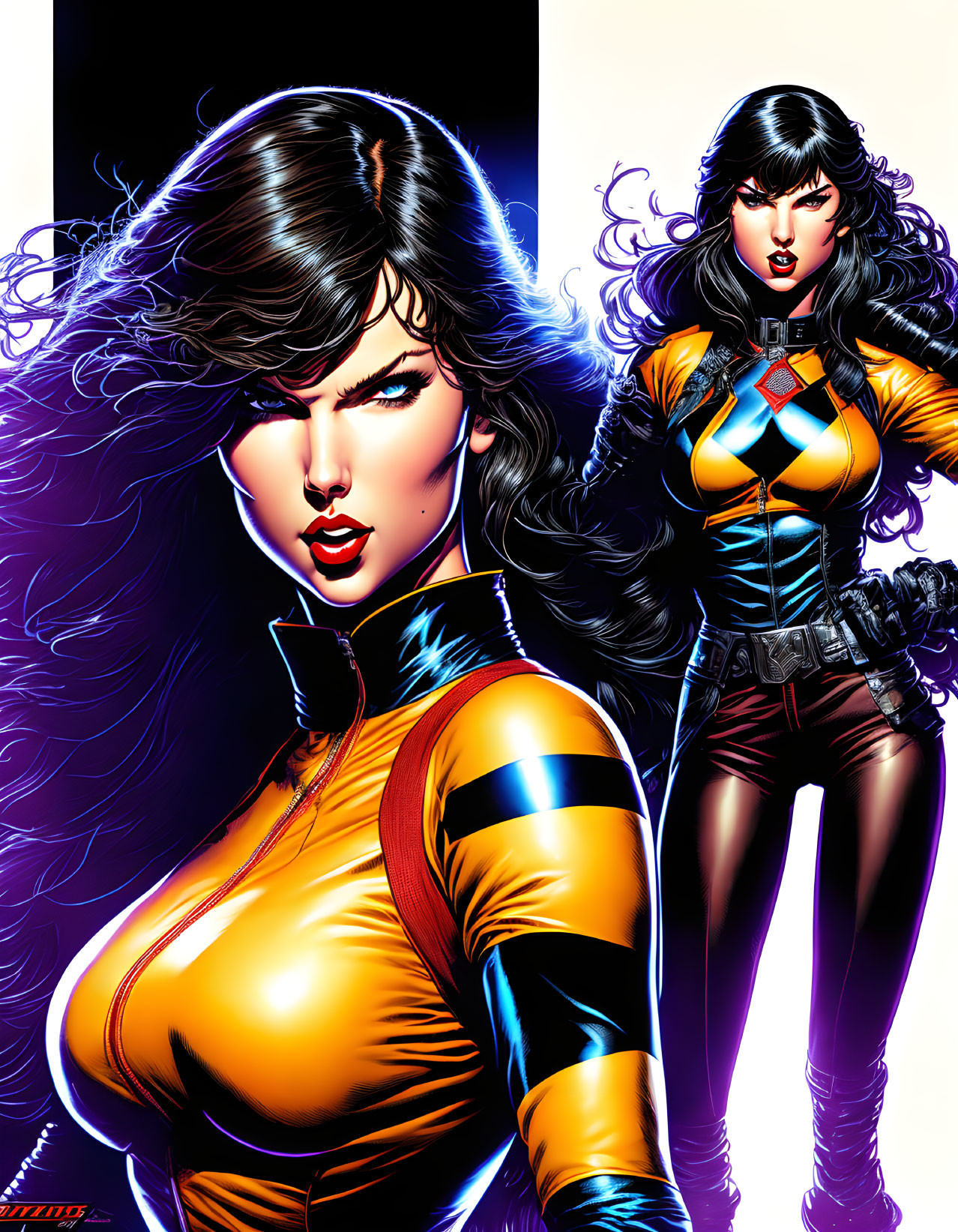 Colorful Female Comic Character in Yellow and Blue Costume with X-Logo Belt