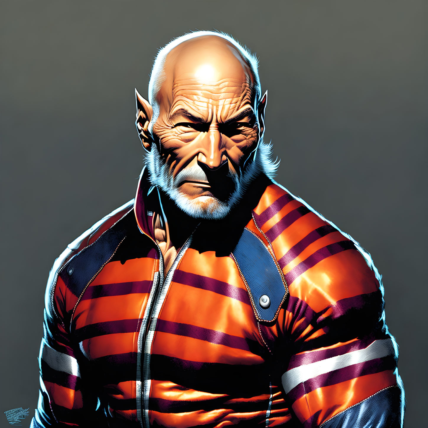 Muscular bald man with mutton chops in red and orange striped jacket