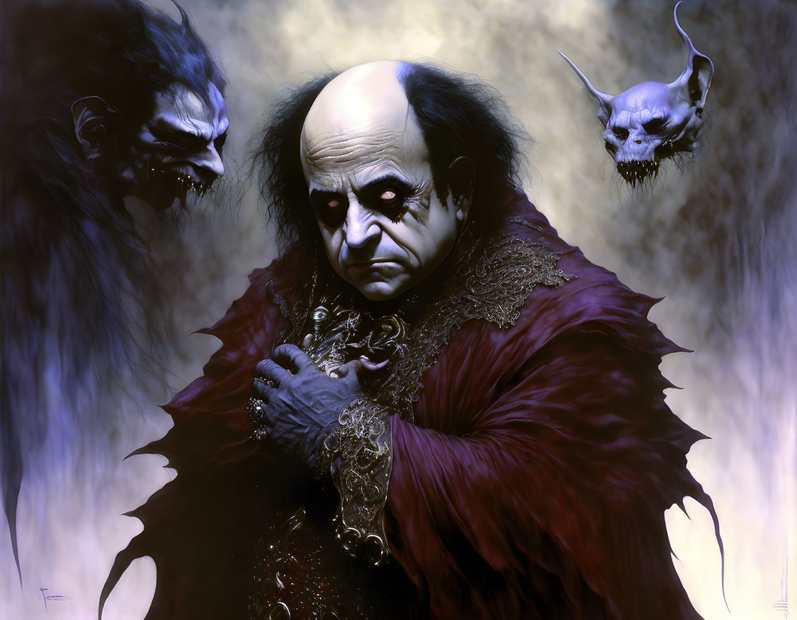 Sinister bald character in red cloak with demonic creatures on smoky backdrop