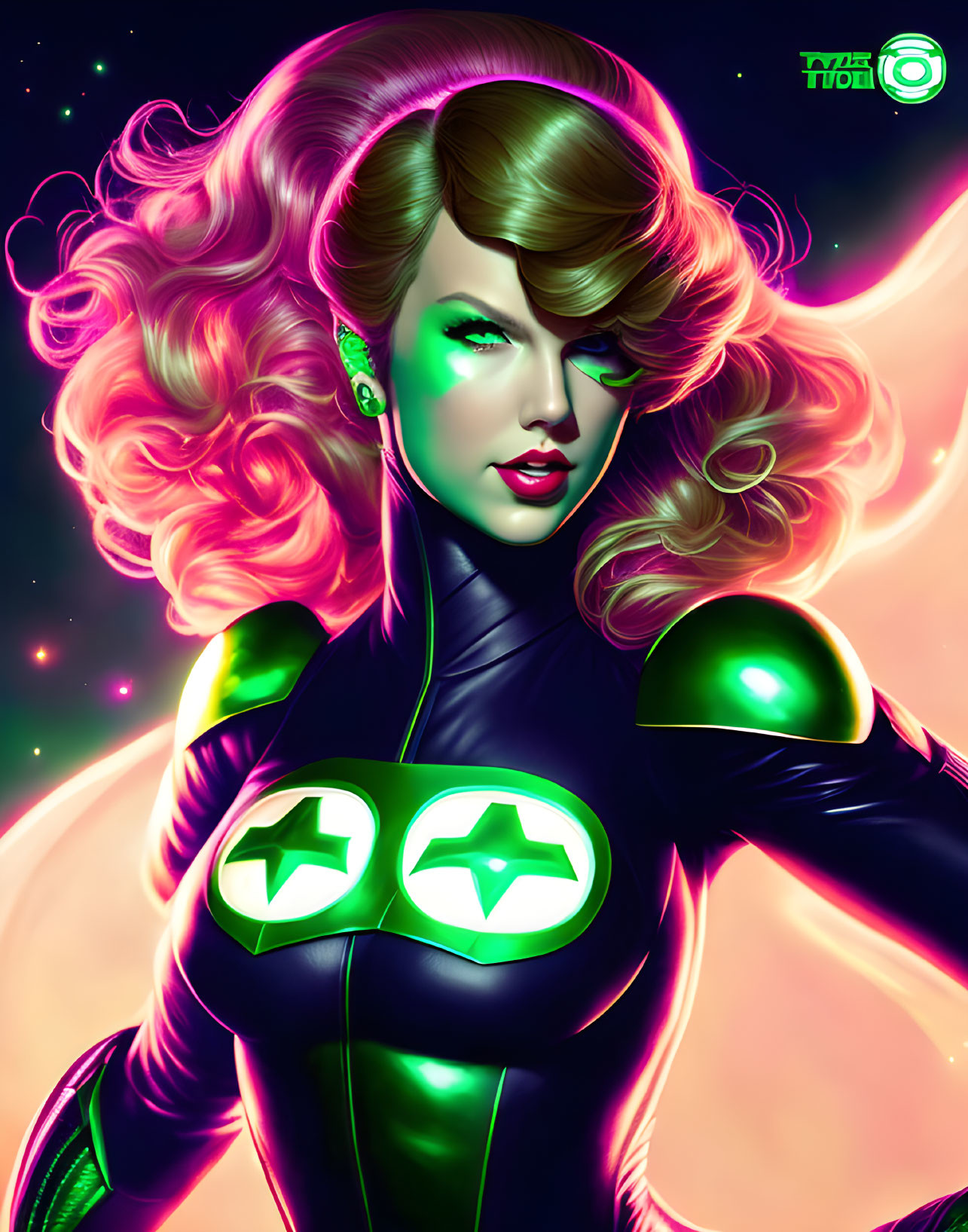 Digital artwork of woman with glowing green eyes and hair in voluminous waves, wearing black suit with green