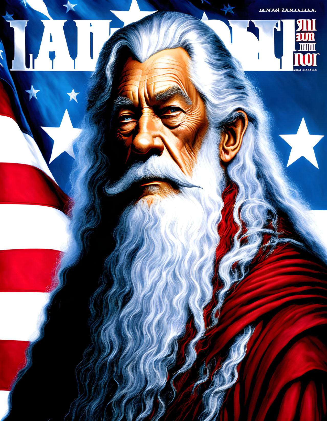 Elderly man with white hair and red cloak against American flag backdrop