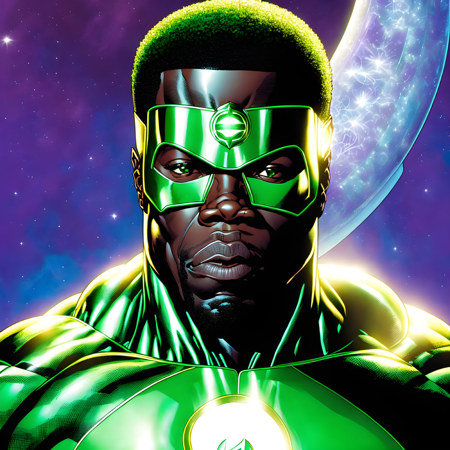 Superhero in Green and Black Suit with Glowing Power Ring on Cosmic Background